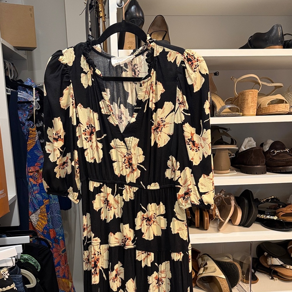 ba&sh Black and Cream Floral Long Sleeve Dress